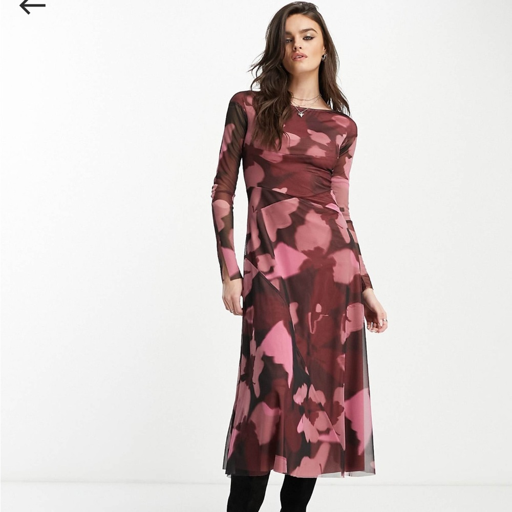 ASOS DESIGN long sleeve midi dress in mesh abstract pink and black floral